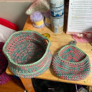 Crocheted baskets, Teal and Coral. Handmade by me. You get both.
